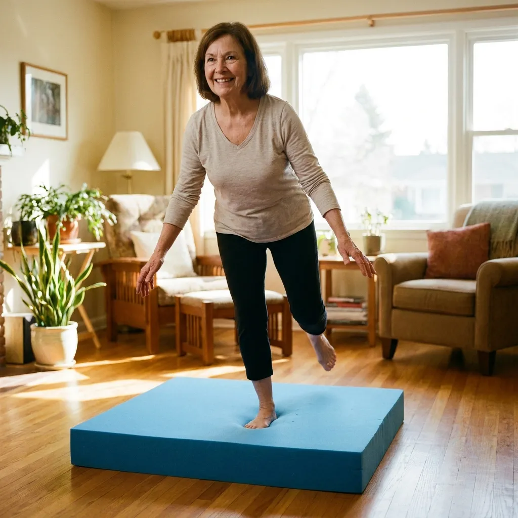 Senior using a foam balance pad for stability exercise