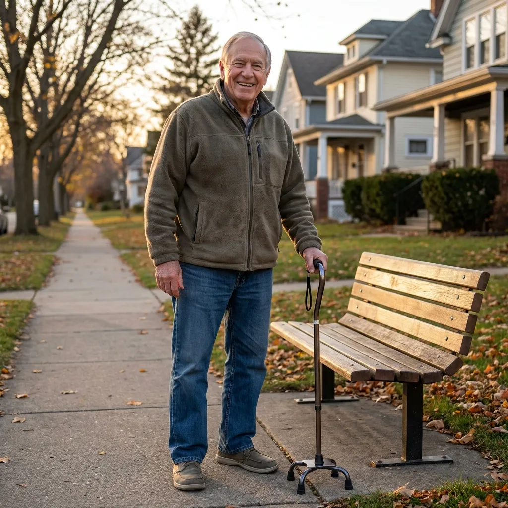Senior using walking poles in a park