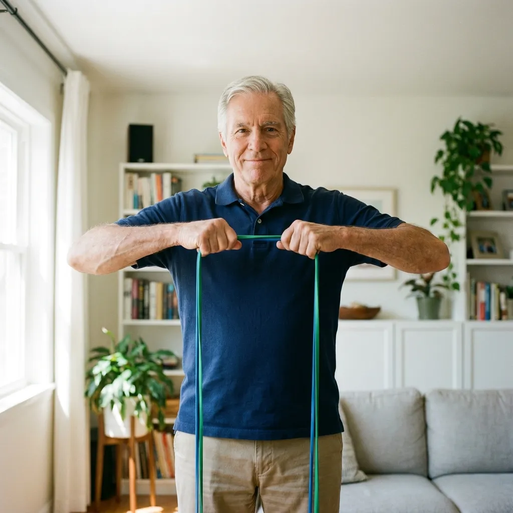 Senior exercising with resistance bands